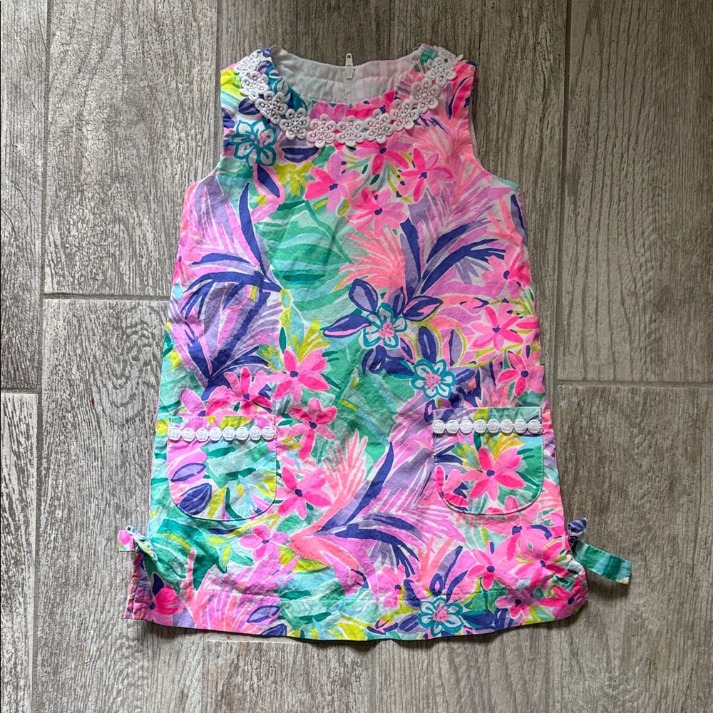 EUC Lilly Pulitzer-Floral Sleeveless Dress with Lace Trim.